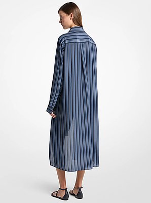Vestido camisero asim&eacute;trico de crep&eacute; de China con rayas gr&aacute;ficas
