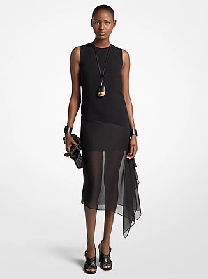 Double Faced Stretch Wool Crepe and Silk Voile Veiled Dress