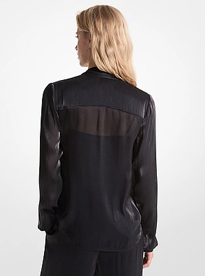 Crinkled Metallic Georgette Tie-Neck Blouse