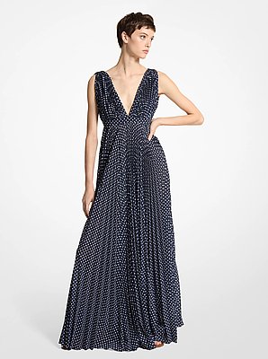 Vestido largo plisado de georgette con estampado de lunares