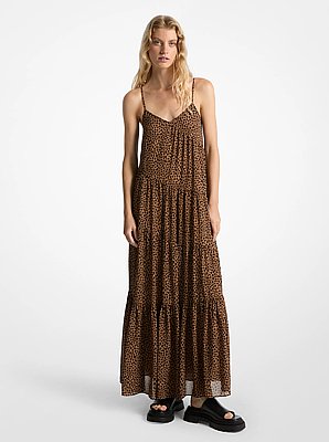 Vestido maxi de georgette a capas con estampado de guepardo