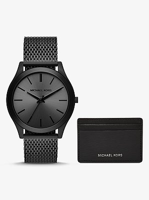 Oversized Slim Runway Black-Tone Watch and Card Case Gift Set