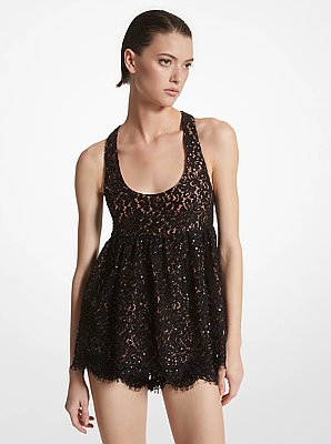Top de tirantes baby doll de encaje floral con lentejuelas bordadas a mano