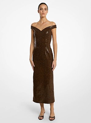 Hand-Embellished Paillettes Crepe Off-The-Shoulder Dress