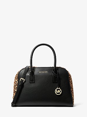 Ashton Medium Leopard Print Calf Hair and Smooth Satchel