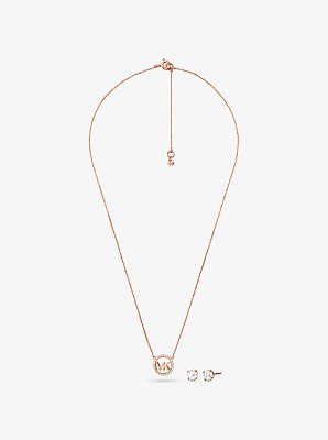 14K Rose Gold-Plated Sterling Silver Pav&eacute; Logo Charm Necklace and Stud Earrings Set