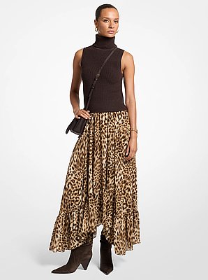 Leopard Print Georgette High-Low Skirt