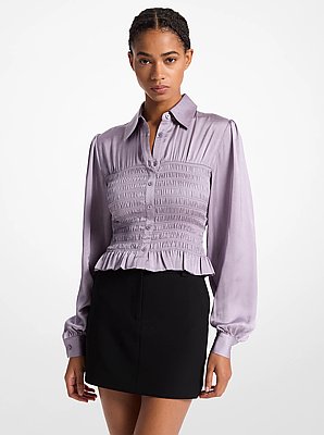 Chemise &agrave; smocks en satin craquel&eacute;