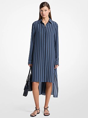Vestido camisero asim&eacute;trico de crep&eacute; de China con rayas gr&aacute;ficas