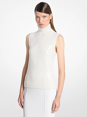 Embroidered Sequin Cashmere Sleeveless Turtleneck Sweater