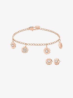 Pav&eacute; Flower Charm Bracelet and Stud Earrings Jewelry Set