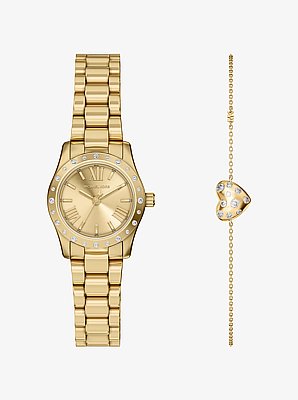 Petite Lexington Pav&eacute; Gold Watch and Heart Bracelet Gift Set