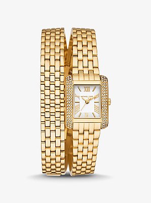 Petite Emery Pav&eacute; Gold-Tone Double Wrap Watch