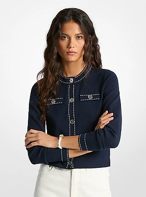 Contrast-Trim Stretch Knit Cardigan