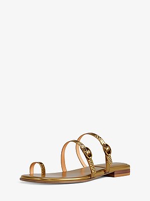 Kya Metallic Snake Embossed Leather Flat Sandal