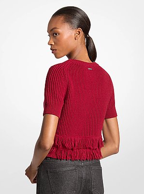 Fringed Knit Short-Sleeve Sweater