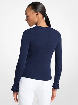 Ribbed Wool Blend Ruffle-Cuff Cardigan