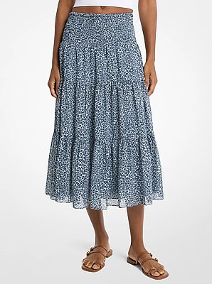 Leopard Print Georgette Tiered Midi Skirt