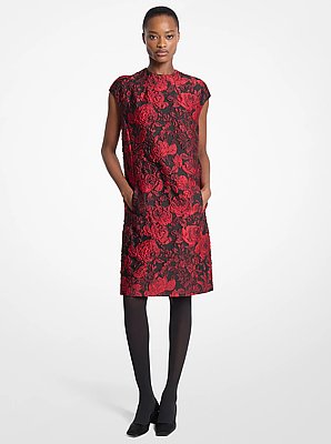 Vestido recto de jacquard con motivo de rosas
