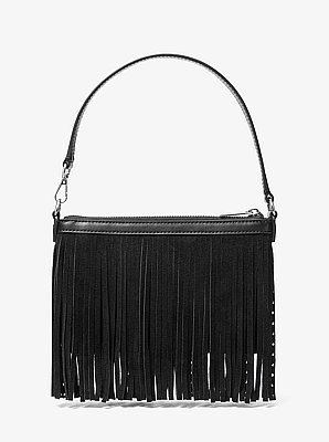 Petite pochette-bracelet Jet Set Travel en microsu&egrave;de de polyester &agrave; clous et &agrave; franges