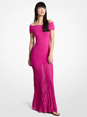 Pleated Stretch Knit Off-The-Shoulder Maxi Dress