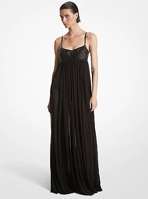 Vestido de noche Empire de cuero plong&eacute; y punto liso de chif&oacute;n