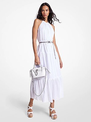 Vestido midi de batista de algod&oacute;n con cuello halter con cadena