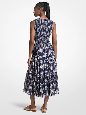 Robe mi-longue en cr&ecirc;pe georgette &agrave; smocks et &agrave; imprim&eacute; floral