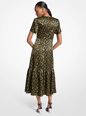 Robe mi-longue en satin effet martel&eacute; &agrave; motif floral