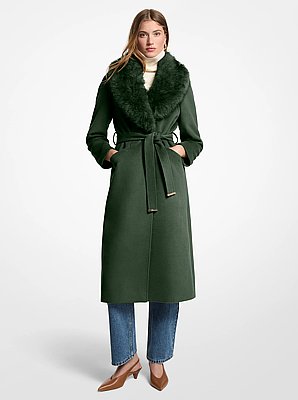 Manteau en m&eacute;lange de laine bord&eacute; de fausse fourrure