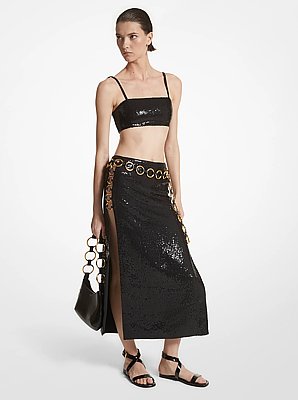 Michael Kors Collection Hand-Embroidered Sequin Double Crepe Sablé Ring Slit Skirt