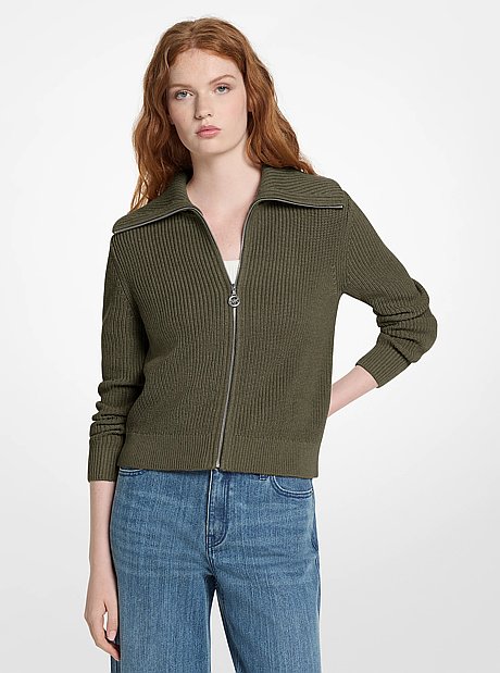 Cotton Blend Zip-Up Sweater