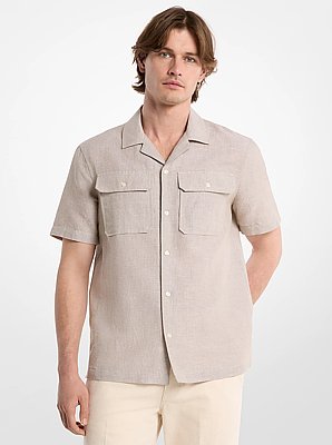 Camisa de lino y algod&oacute;n a rayas con cuello cubano