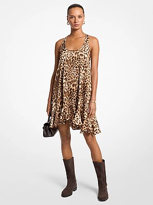 Leopard Print Satin Ruffled Dress