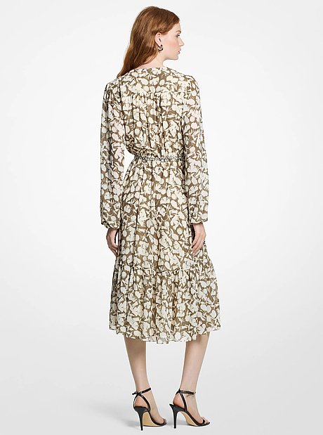 Robe mi-longue en cr&ecirc;pe georgette &agrave; imprim&eacute; floral