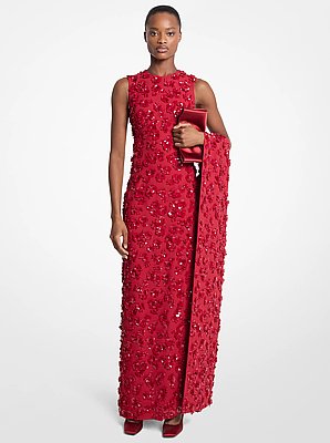 Hand-Embroidered Floral Double Crepe Sabl&eacute; Gown