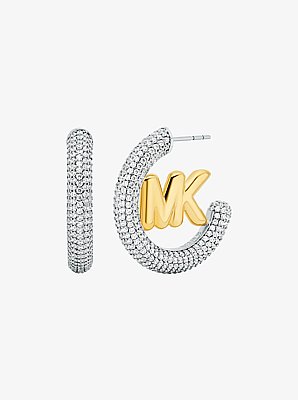 Orecchini grandi a cerchio bicolore con logo e pav&eacute;