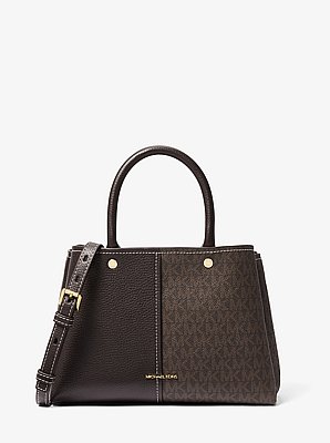 Flora Medium Signature Logo and Leather Satchel