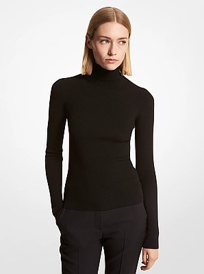 Ribbed Stretch Merino Wool Turtleneck Sweater