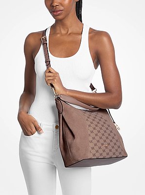 Sienna Large Logo Jacquard and Suede Convertible Shoulder Bag