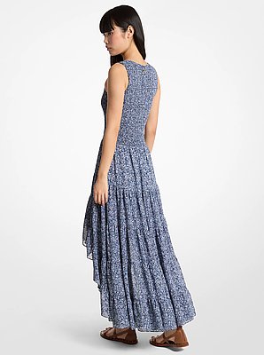 Smocked Floral Print Georgette High-Low Dress