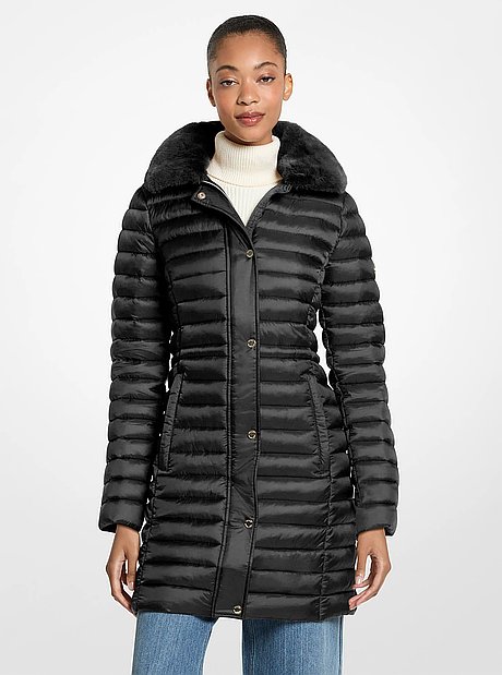 Packable Faux Fur Trim Quilted Nylon Puffer Coat