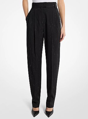 Dru Pleated Pinstriped Sequin Stretch Wool Trousers