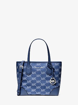 Tr&egrave;s petit sac fourre-tout convertible Eva en denim jacquard &agrave; logo