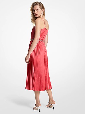 Pleated Satin Belted Slip Dress
