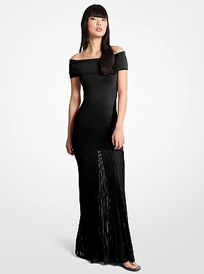 Pleated Stretch Knit Off-The-Shoulder Maxi Dress