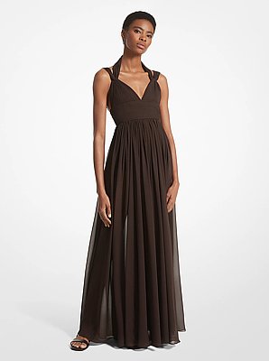 Vestido de chif&oacute;n de seda fruncido con tirantes divididos