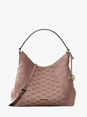 Bolso de hombro transformable Sienna grande de ante y jacquard con logotipo