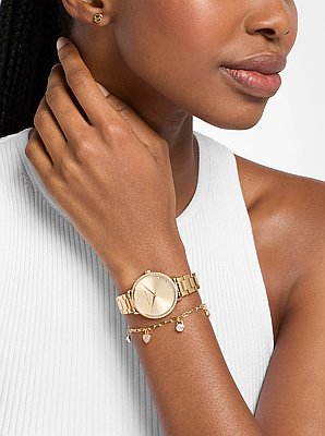 Coffret cadeau mini montre Pyper &agrave; pierres pav&eacute;es et bijoux dor&eacute;s