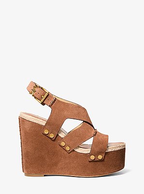 Raven Studded Suede Wedge Sandal in LUGGAGE | Michael Kors image number 1